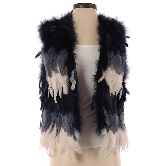 💋STUNNINGLY BEAUTIFUL💋 OMBRE BLUE & CREAM FEATHER FUR WAISTCOAT - Picture 11 of 15